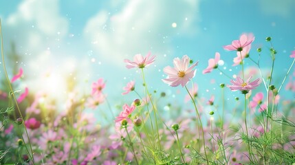Soft Focus of Summer Cosmos Flowers Field with Blue Sky Background