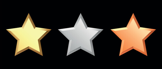Golden, bronze, silver glossy metallic stars 3d realistic style. Leadership, game award, customer feedback symbol vector illustration isolated on black background