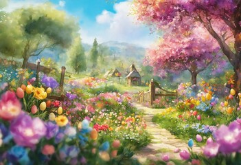 painted spring landscape with flowers and with a blossoming tree in pink colors 