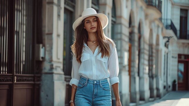 A stylishly dressed girl, wearing jeans and a white hat, is walking in the streets.