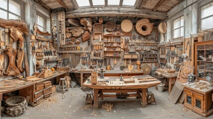 Traditional Woodworking Workshop with Tools and Timber - obrazy, fototapety, plakaty