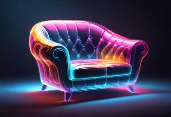 Generative AI illustration of shiny colorful transparent glowing armchair with bright soft texture placed against dark background - obrazy, fototapety, plakaty