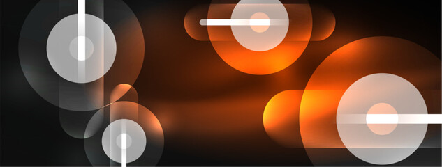 Abstract design pulsates with neon glowing light effects, casting an entrancing glow in the darkness, captivating the eye with its vibrant energy. Glass circles neon glowing light effects