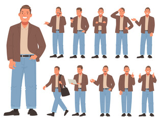 Set of happy man character in casual clothes in various poses on a white background. Male thinks, uses his phone and laptop, and speaks. Vector illustration in flat style - 766107588