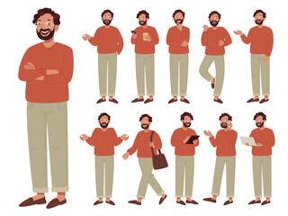Set of happy male character in different poses on white background. A man with glasses - 766107592
