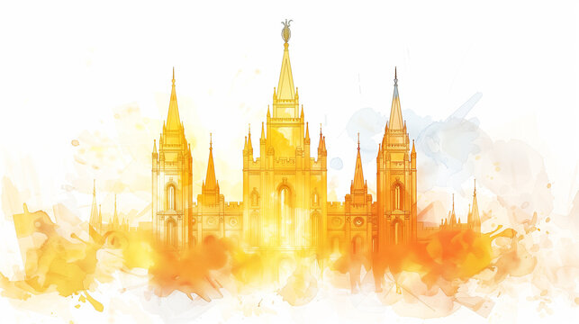 Watercolor illustration of a mormon temple. Painting of the Latter Day Saint church. 
