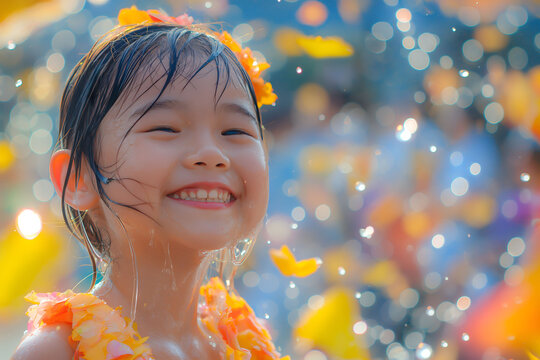 Songkran festival, girl playing in water, water fight, celebration, Thai New Year, Cambodia, Laos, flower petals and water splash