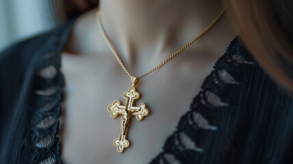 A golden cross pendant on the neck of a woman. Faith concept.