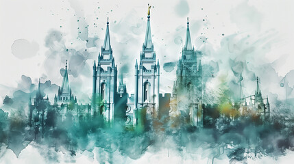 Watercolor illustration of a mormon temple. Painting of the Latter Day Saint church.  - obrazy, fototapety, plakaty
