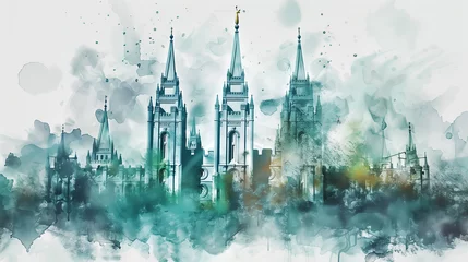 Foto op Canvas Watercolor illustration of a mormon temple. Painting of the Latter Day Saint church.  © Diana