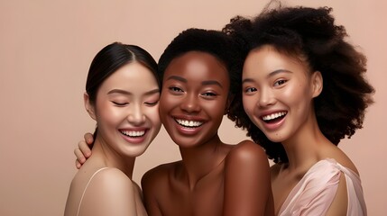 A high-quality photo showing skin care and cosmetics presents a portrait of three women of different races with beautiful faces, creating a perfect combination of beauty and diversity of cultures.