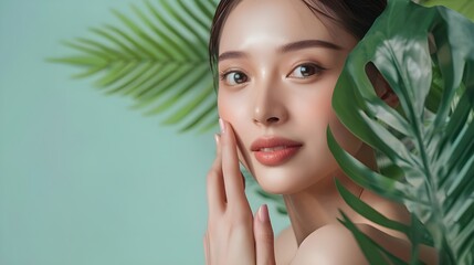 A gorgeous image showing skin care and cosmetics is a portrait of an Asian model girl with a bright smile that conveys energy and optimism.