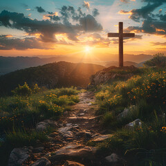 Cross on the hill with a path leading to it, representing the Christian symbol of faith. Perfect for Easter and religious themes. - obrazy, fototapety, plakaty