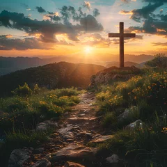 Fotobehang Cross on the hill with a path leading to it, representing the Christian symbol of faith. Perfect for Easter and religious themes. © ELmahdi-AI