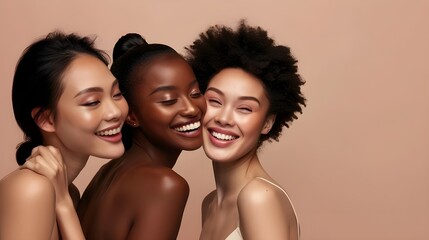 High-quality photography demonstrates the beauty and diversity of world culture through a portrait of African, European and Asian women, giving uniqueness and depth to the concept of skin care  