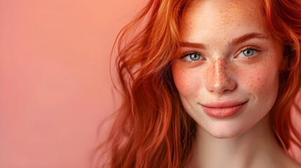 Naklejka premium A high-quality photo with space for text demonstrates the concept of skin care, showing a portrait of a beautiful red-haired woman, which emphasizes uniqueness and attractiveness.