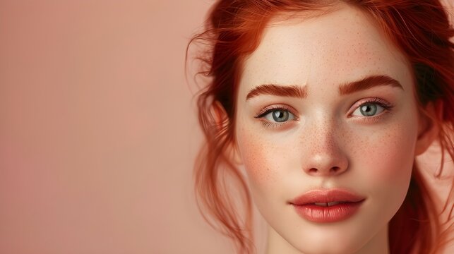 The exquisite image of a red-haired model girl, fitting into the concept of skin care and cosmetics, creates an atmosphere of beauty, confidence and joy.