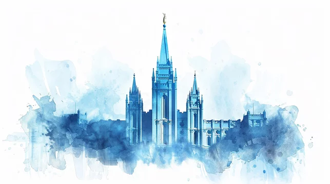 Watercolor illustration of a mormon temple. Painting of the Latter Day Saint church.