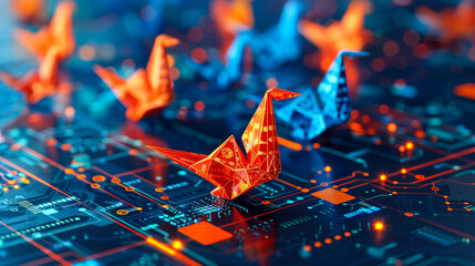 origami animals crafted from tech schematics roam a desktop landscape, each creature representing different aspects of CPU and semiconductor innovation - obrazy, fototapety, plakaty