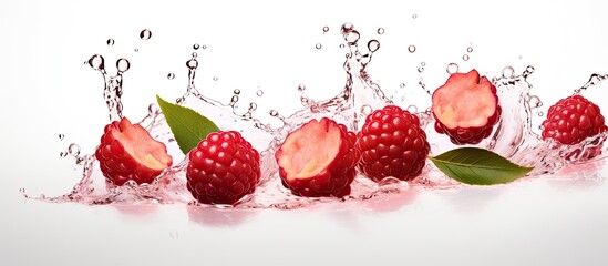 Tableware filled with raspberries splashing in water, creating a vibrant display of natural foods...