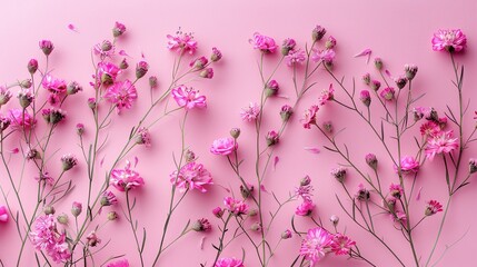 Selective focus of pink flowers on pink background with copy space for design, text. Top view of pink flowers. Isolated,Generative ai,