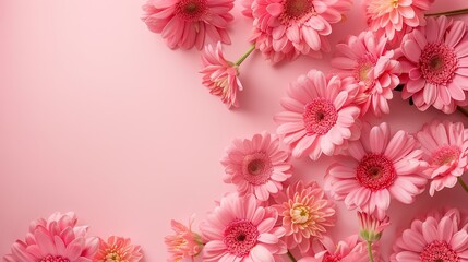 Selective focus of pink flowers on pink background with copy space for design, text. Top view of pink flowers. Isolated,Generative ai,