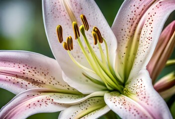 A close-up shot capturing the intricate details of lily flowers, focusing on delicate stamens and pistils in vibrant HD clarity - obrazy, fototapety, plakaty