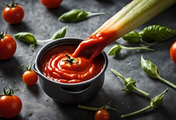 Full frame conceptual image of tomato sauce with a tomato stalk - Powered by Adobe