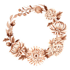 Vintage round frame from chrysanthemum flowers. Monochrome hand drawn autumn watercolor illustration. Isolated floral spring wreath. Template with copy space for postcard, invitation, scrapbooking.