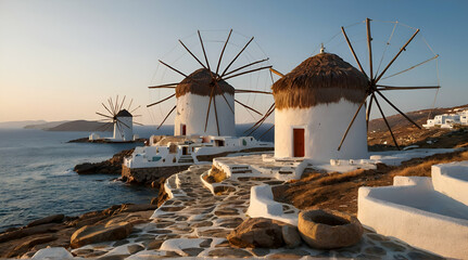 Traditional greek windmills on Mykonos island, Cyclades, Greece .Generative AI
 - obrazy, fototapety, plakaty