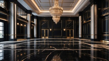 Black themed luxury grand ballroom hall with stunning chandelier and polished marble floor from Generative AI - obrazy, fototapety, plakaty
