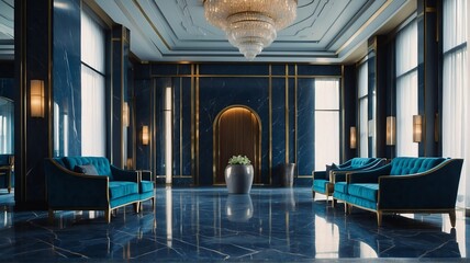 Blue themed hotel waiting area with sofa chairs and luxury carpet on a polished marble floor from Generative AI - obrazy, fototapety, plakaty