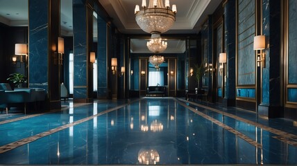 Blue themed hotel walkway with luxury carpet with stunning chandelier and polished marble floor from Generative AI - obrazy, fototapety, plakaty