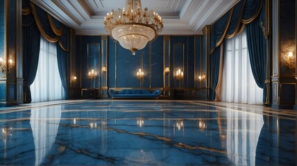 Blue themed luxury grand ballroom hall with stunning chandelier and polished marble floor from Generative AI