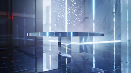 Floating acrylic side table, seemingly suspended in mid-air, in a futuristic setting.