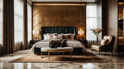 Bronze themed hotel bedroom with bed and sofa chair and luxury carpet on a polished marble floor minimalist from Generative AI - obrazy, fototapety, plakaty