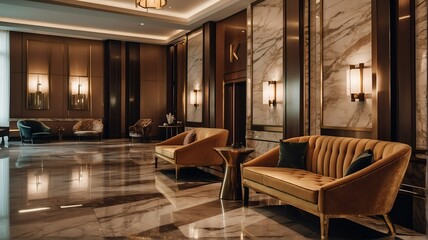 Bronze themed hotel waiting area with sofa chairs and luxury carpet on a polished marble floor from Generative AI