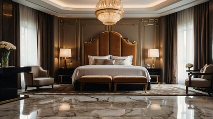 Bronze themed hotel bedroom with bed and sofa chair and luxury carpet on a polished marble floor minimalist from Generative AI