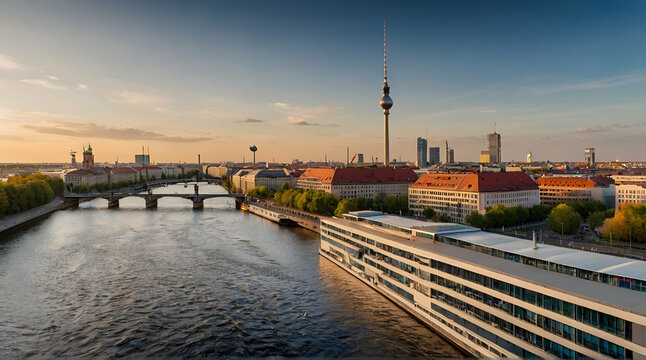 Berlin skyline panorama with TV tower and Spree river at sunset, Germany
 .Generative AI