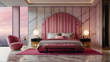 Pink themed hotel bedroom with bed and sofa chair and luxury carpet on a polished marble floor minimalist from Generative AI