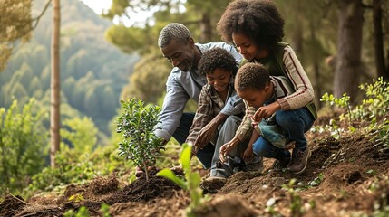 A family plants a tree together in a peaceful woodland to remember a loved one.