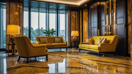 Yellow themed hotel waiting area with sofa chairs and luxury carpet on a polished marble floor from Generative AI - obrazy, fototapety, plakaty