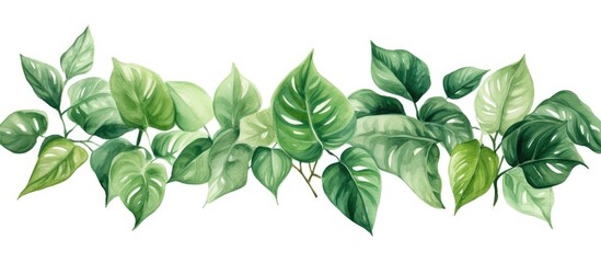 A row of green leaves creates a stunning visual contrast against a clean white background, showcasing the beauty of terrestrial plants in art - obrazy, fototapety, plakaty