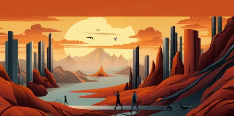 Sierkussen Futuristic cityscape illustration with towering skyscrapers under sunset sky, with silhouetted figures and serene water landscape, evoking exploration and adventure. Digital background with copyspace © Truprint