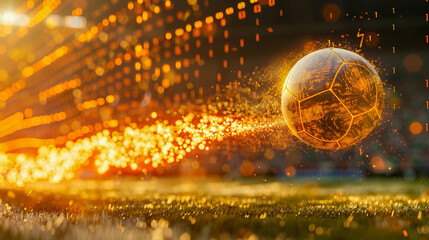 a smart football flying towards the goal, its trajectory and spin calculated and optimized by the internal CPU, with a glowing trail of binary code symbolizing data processing - obrazy, fototapety, plakaty