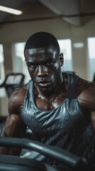 Fototapeta na wymiar black man running on a treadmill in the gym