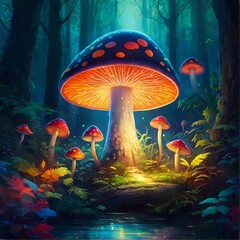 Explore whimsy and wonder in AI artwork: luminescent mushroom, ethereal forest, enchanting scene.