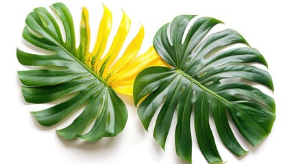 Tropical Foliage: Monstera Deliciosa & Yellow Palm Leaves Isolated on White