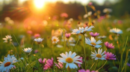 Sunny Meadow Blooming with White and Pink Spring Daisies