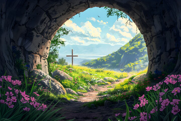 Illustration of an empty tomb from inside with a cross in the background, for use as an Easter card or religious illustration. - obrazy, fototapety, plakaty